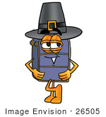 #26505 Clip Art Graphic Of A Suitcase Luggage Cartoon Character Wearing A Pilgrim Hat On Thanksgiving