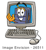 #26511 Clip Art Graphic Of A Suitcase Luggage Cartoon Character Waving From Inside A Computer Screen