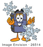 #26514 Clip Art Graphic Of A Suitcase Luggage Cartoon Character With Three Snowflakes In Winter