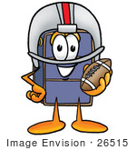 #26515 Clip Art Graphic Of A Suitcase Luggage Cartoon Character In A Helmet Holding A Football