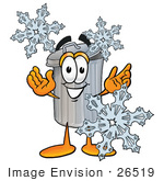 #26519 Clip Art Graphic Of A Metal Trash Can Cartoon Character With Three Snowflakes In Winter
