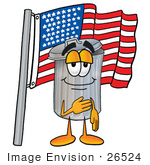 #26524 Clip Art Graphic Of A Metal Trash Can Cartoon Character Pledging Allegiance To An American Flag