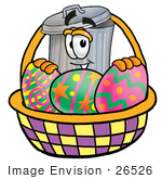 #26526 Clip Art Graphic Of A Metal Trash Can Cartoon Character In An Easter Basket Full Of Decorated Easter Eggs