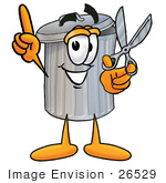 #26529 Clip Art Graphic Of A Metal Trash Can Cartoon Character Holding A Pair Of Scissors