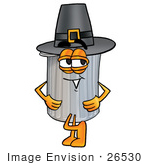 #26530 Clip Art Graphic Of A Metal Trash Can Cartoon Character Wearing A Pilgrim Hat On Thanksgiving