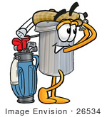 #26534 Clip Art Graphic Of A Metal Trash Can Cartoon Character Swinging His Golf Club While Golfing