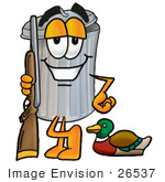 #26537 Clip Art Graphic Of A Metal Trash Can Cartoon Character Duck Hunting Standing With A Rifle And Duck