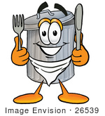 #26539 Clip Art Graphic Of A Metal Trash Can Cartoon Character Holding A Knife And Fork