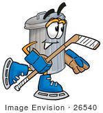 #26540 Clip Art Graphic Of A Metal Trash Can Cartoon Character Playing Ice Hockey