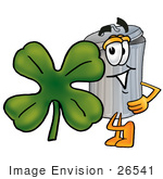 #26541 Clip Art Graphic Of A Metal Trash Can Cartoon Character With A Green Four Leaf Clover On St Paddy’S Or St Patricks Day