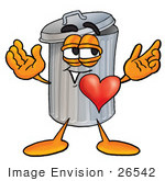 #26542 Clip Art Graphic Of A Metal Trash Can Cartoon Character With His Heart Beating Out Of His Chest