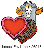 #26543 Clip Art Graphic Of A Metal Trash Can Cartoon Character With An Open Box Of Valentines Day Chocolate Candies