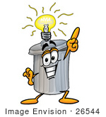 #26544 Clip Art Graphic Of A Metal Trash Can Cartoon Character With A Bright Idea