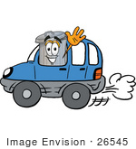 #26545 Clip Art Graphic Of A Metal Trash Can Cartoon Character Driving A Blue Car And Waving