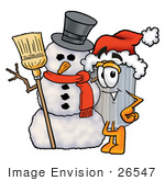 #26547 Clip Art Graphic Of A Metal Trash Can Cartoon Character With A Snowman On Christmas