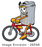 #26548 Clip Art Graphic of a Metal Trash Can Cartoon Character Riding a Bicycle by toons4biz