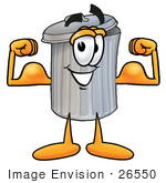 #26550 Clip Art Graphic Of A Metal Trash Can Cartoon Character Flexing His Arm Muscles