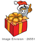 #26551 Clip Art Graphic Of A Metal Trash Can Cartoon Character Standing By A Christmas Present