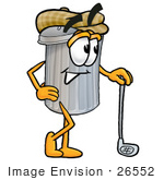 #26552 Clip Art Graphic Of A Metal Trash Can Cartoon Character Leaning On A Golf Club While Golfing