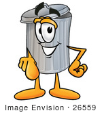 #26559 Clip Art Graphic Of A Metal Trash Can Cartoon Character Pointing At The Viewer
