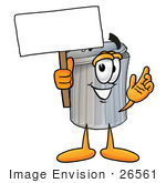 #26561 Clip Art Graphic Of A Metal Trash Can Cartoon Character Holding A Blank Sign