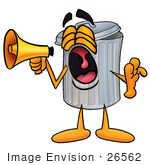 #26562 Clip Art Graphic Of A Metal Trash Can Cartoon Character Screaming Into A Megaphone