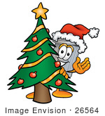#26564 Clip Art Graphic Of A Metal Trash Can Cartoon Character Waving And Standing By A Decorated Christmas Tree