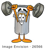 #26566 Clip Art Graphic Of A Metal Trash Can Cartoon Character Holding A Heavy Barbell Above His Head