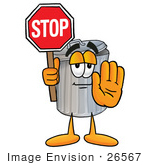 #26567 Clip Art Graphic Of A Metal Trash Can Cartoon Character Holding A Stop Sign