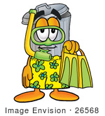 #26568 Clip Art Graphic Of A Metal Trash Can Cartoon Character In Green And Yellow Snorkel Gear