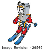 #26569 Clip Art Graphic Of A Metal Trash Can Cartoon Character Skiing Downhill
