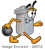 #26572 Clip Art Graphic of a Metal Trash Can Cartoon Character Holding a Bowling Ball by toons4biz