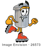 #26573 Clip Art Graphic Of A Metal Trash Can Cartoon Character Roller Blading On Inline Skates
