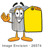 #26574 Clip Art Graphic Of A Metal Trash Can Cartoon Character Holding A Yellow Sales Price Tag