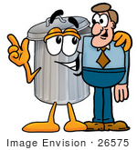#26575 Clip Art Graphic of a Metal Trash Can Cartoon Character Talking to a Business Man by toons4biz