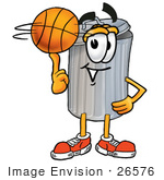 #26576 Clip Art Graphic Of A Metal Trash Can Cartoon Character Spinning A Basketball On His Finger
