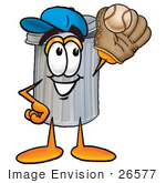 #26577 Clip Art Graphic Of A Metal Trash Can Cartoon Character Catching A Baseball With A Glove
