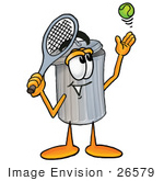 #26579 Clip Art Graphic Of A Metal Trash Can Cartoon Character Preparing To Hit A Tennis Ball