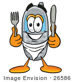 #26586 Clip Art Graphic Of A Gray Cell Phone Cartoon Character Holding A Knife And Fork