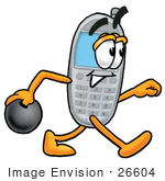 #26604 Clip Art Graphic Of A Gray Cell Phone Cartoon Character Holding A Bowling Ball
