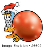 #26605 Clip Art Graphic Of A Gray Cell Phone Cartoon Character Wearing A Santa Hat Standing With A Christmas Bauble