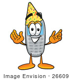 #26609 Clip Art Graphic Of A Gray Cell Phone Cartoon Character Wearing A Birthday Party Hat