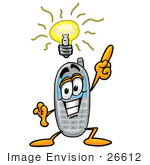 #26612 Clip Art Graphic Of A Gray Cell Phone Cartoon Character With A Bright Idea