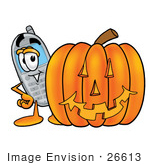 #26613 Clip Art Graphic Of A Gray Cell Phone Cartoon Character With A Carved Halloween Pumpkin