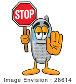 #26614 Clip Art Graphic Of A Gray Cell Phone Cartoon Character Holding A Stop Sign