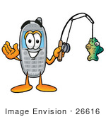 #26616 Clip Art Graphic Of A Gray Cell Phone Cartoon Character Holding A Fish On A Fishing Pole