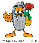 #26618 Clip Art Graphic Of A Gray Cell Phone Cartoon Character Holding A Red Rose On Valentines Day