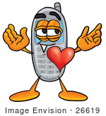 #26619 Clip Art Graphic Of A Gray Cell Phone Cartoon Character With His Heart Beating Out Of His Chest