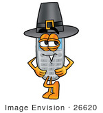 #26620 Clip Art Graphic Of A Gray Cell Phone Cartoon Character Wearing A Pilgrim Hat On Thanksgiving