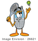 #26621 Clip Art Graphic Of A Gray Cell Phone Cartoon Character Preparing To Hit A Tennis Ball